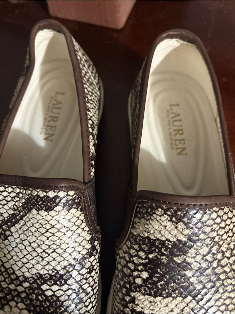 Ralph Lauren Snake-Print Slip-On Loafers in White and Brown - Picture 2 of 6